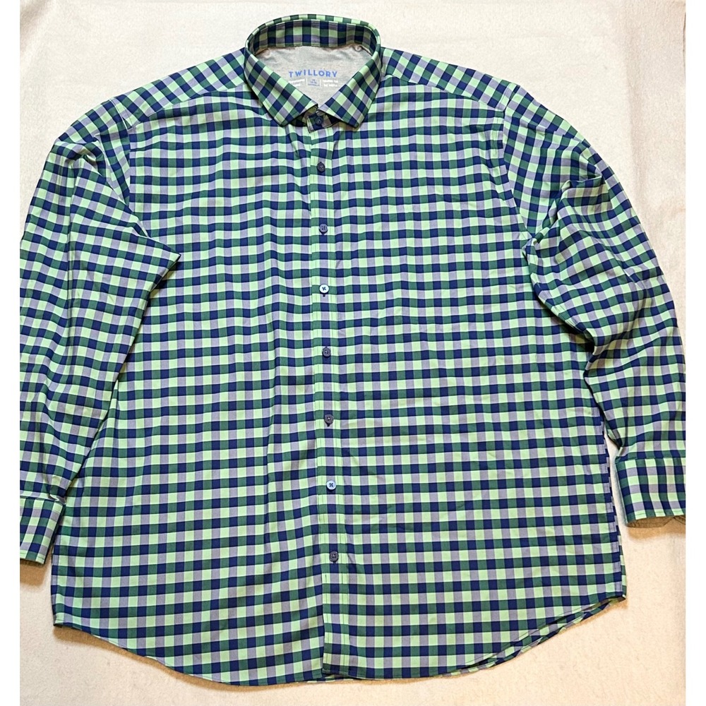 Twillory Performance Fabric Shirt Mens 18 34-35 Traditional Fit Gingham Green